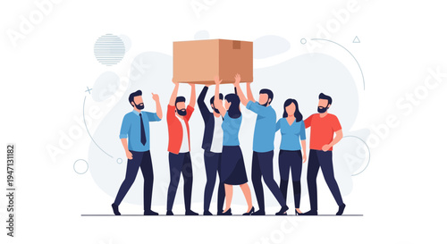 Teamwork carrying a large box, collaboration, support, unity, business success concept