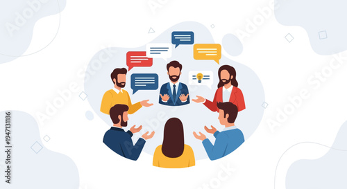 Diverse team in a meeting, discussing ideas with speech bubbles and lightbulb icon