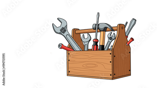 Detailed illustration of a wooden toolbox filled with various essential tools like a hammer wrenches and screwdrivers for home repair projects.