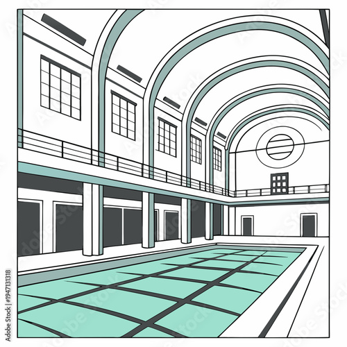 A large indoor swimming pool with arched ceilings