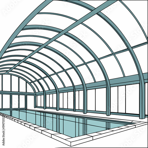 A large indoor swimming pool with a metal frame and arched roof