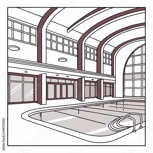 A large indoor swimming pool with arched windows