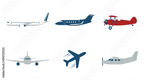 Diverse Stylized Aircraft Illustrations Commercial Jet Private Plane Biplane Propeller Aircraft.