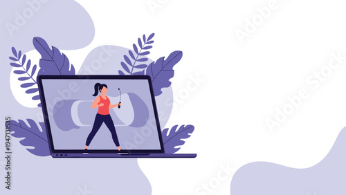 Young woman follows online workout video on laptop screen while exercising at home against decorative purple floral background.