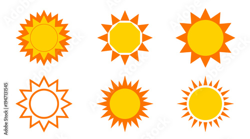 Diverse Yellow and Orange Sun Icons with Various Ray Designs Flat Graphic Style Set.