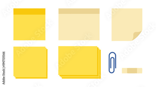 Flat design collection of yellow and beige sticky notes a blue paperclip and a piece of tape.