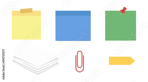 Essential office supplies flat design vector illustration sticky notes paper paperclip thumbtack and tape.