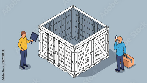 Isometric illustration of two logistics workers inspecting a large empty white shipping container for quality control and shipping readiness.