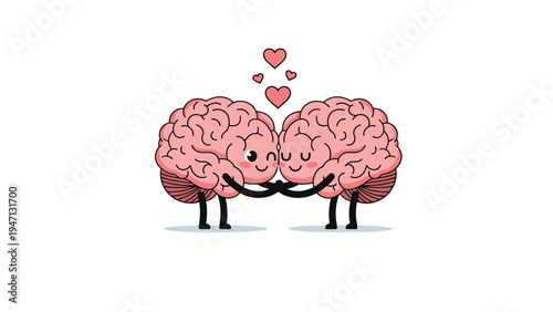 Two adorable pink brain characters hug each other affectionately with small red hearts floating above representing emotional intelligence.