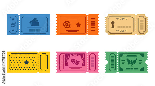 Six Colorful Flat Design Event Tickets with Diverse Icons and Perforated Stubs Vector Illustration.
