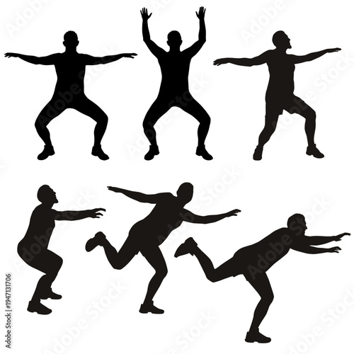Vector silhouettes of big fat funny man stretching and worming up. Fitness boy icons isolated on white background.