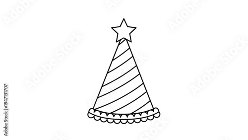 Simple black and white line drawing of a striped party hat with a fluffy trim and a star on top for birthday celebrations and festive events.