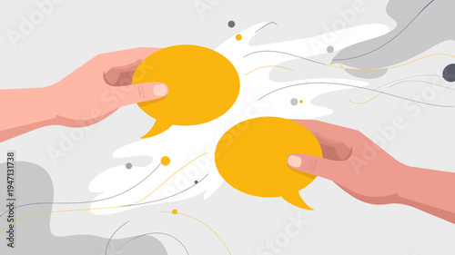 Two hands are shown reaching towards and holding vibrant yellow speech bubbles against a soft abstract gray background high quality professional detailed modern elegant stylish clean