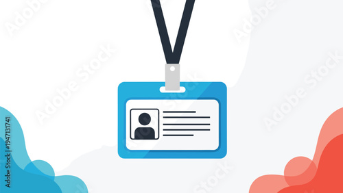 Professional ID badge with a person photo and text details hanging on a black lanyard over a modern blue and red abstract background.