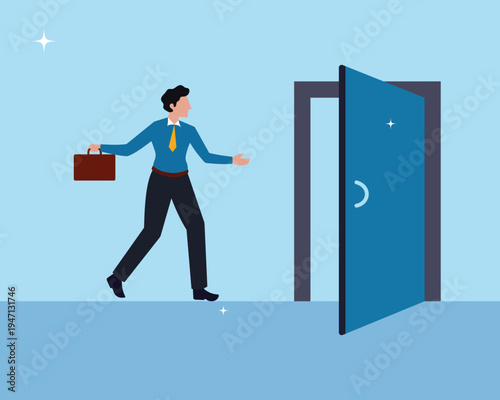 Businessman standing in front of door. Career change concept new job opportunity illustration. Quit job leaving company for new career. Businessman walking towards open door of opportunity.