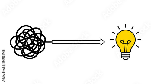 Tangled black line transforming into a bright yellow light bulb with radiating light via a connecting arrow.