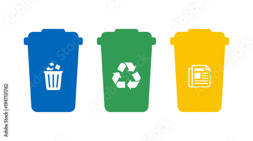 Vibrant blue green yellow recycling bins with trash recycle and paper icons.
