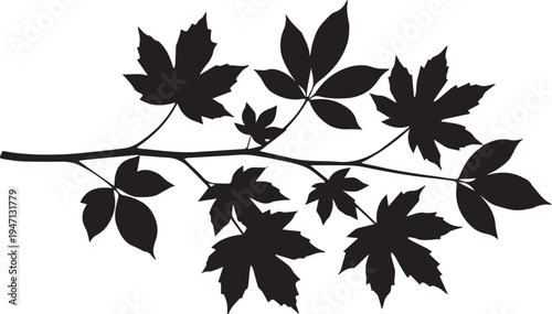 Branch silhouette with autumn leaves vector illustration on gray checkered background