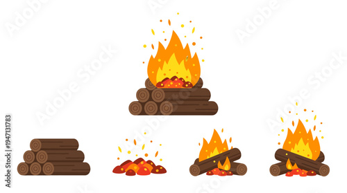 Vibrant Cartoon Campfire Set Burning Logs Glowing Embers and Flying Sparks Illustrations.