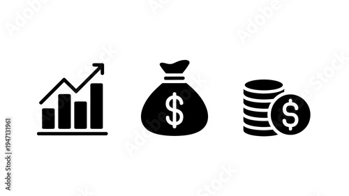 A minimalist graphic depicts financial growth wealth and currency featuring a rising chart money bag and stacked coins high quality professional detailed modern elegant stylish clean