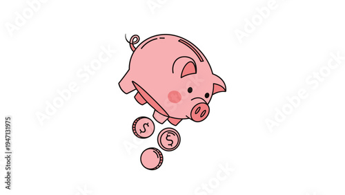 Pink piggy bank illustration tilted and dropping several copper colored coins showing the concept of spending or losing saved money.