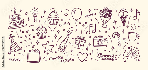 Hand drawn party celebration doodle set with birthday cake gift balloon champagne and music icons for festive event design