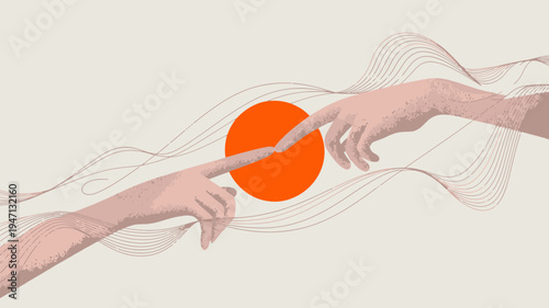 Two hands reach towards each other almost touching a vibrant orange circle against a soft neutral background evoking connection high quality professional detailed modern elegant stylish