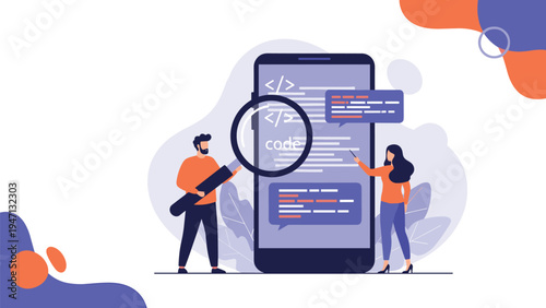 Two software developers use a magnifying glass to inspect and analyze lines of code displayed on a large smartphone screen.