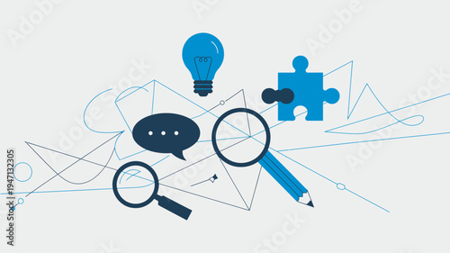A blue illustration depicts concepts of idea generation problem solving and communication with icons and abstract lines high quality professional detailed modern elegant stylish clean crisp