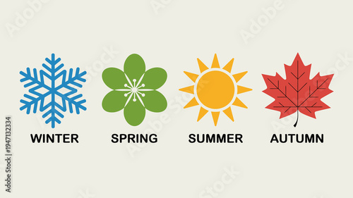 A colorful illustration depicts the four seasons winter spring summer and autumn with corresponding symbolic imagery high quality professional detailed modern elegant stylish clean crisp vibrant