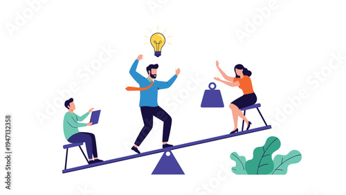 Group of people balancing on a seesaw where a man with a creative idea lightbulb balances against a woman and weights.