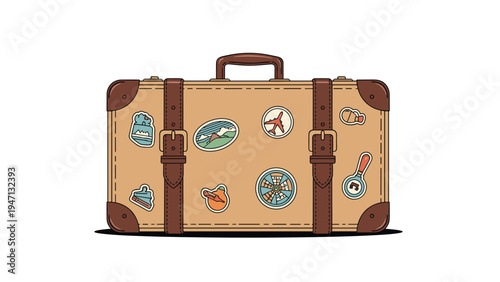 Classic tan leather suitcase with brown straps and several colorful travel stickers representing global journeys and vacations.