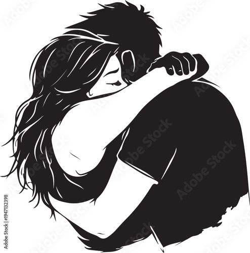 A Romantic Black and White Vector Illustration of a Young Couple Embracing in a Deep Meaningful Hug Symbolizing Love, Intimacy, Comfort, Togetherness, and Emotional Support on a Plain White Background