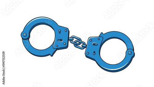 Pair of blue metal handcuffs connected by a short chain representing law enforcement, arrest, justice, and legal constraints.