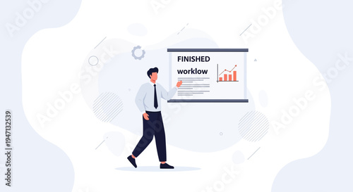 Businessman presenting finished workflow with growth chart on whiteboard