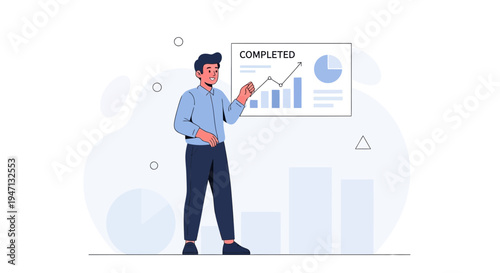 Man presenting completed business growth chart with rising arrow and pie chart