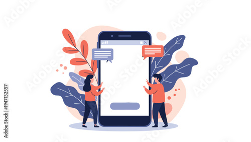 Man and woman communicate through a giant smartphone interface surrounded by decorative leaves and floating digital speech bubbles.