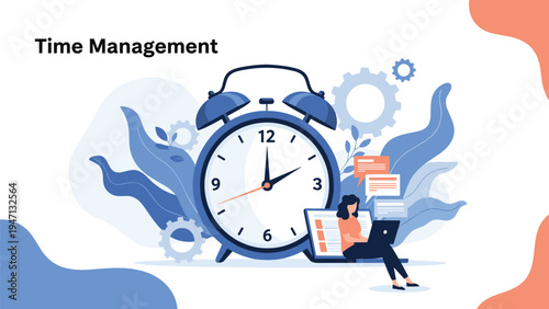 Focused woman works on her laptop in front of a giant blue alarm clock representing time management and meeting deadlines.