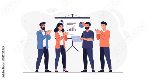 Team Applauding Success in Business Meeting with Presentation Charts and Laptop