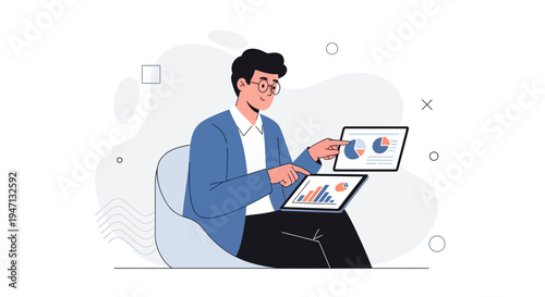 Man analyzing charts on tablets, business analytics, digital data, modern office illustration