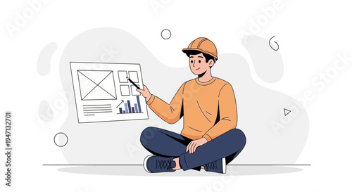 Young man in hard hat presenting a website design with charts and graphs