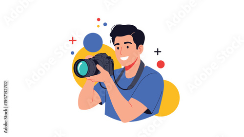 Happy young male photographer smiles while holding a professional DSLR camera against a bright yellow and blue circular background.
