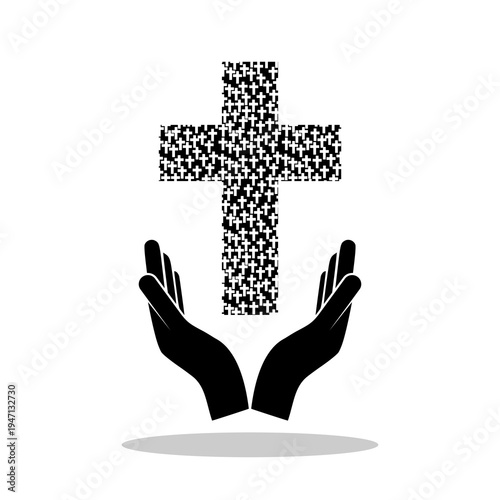 Christian Hands Praying with a Cross Symbol with shadow