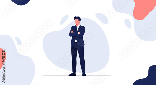 Confident Businessman Standing Arms Crossed, Modern Abstract Background