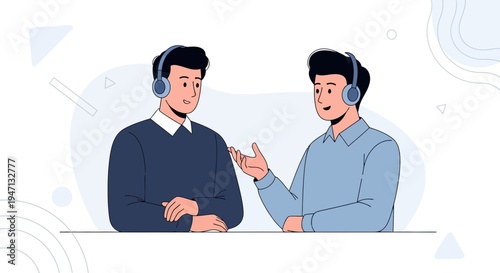 Two men wearing headphones talking, online communication, remote work, business meeting