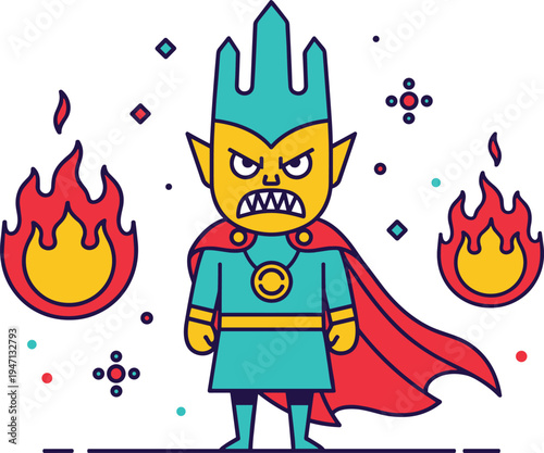 Angry cartoon monster king mascot vector illustration wearing a turquoise crown and red cape standing between two flaming fire symbols on white background.