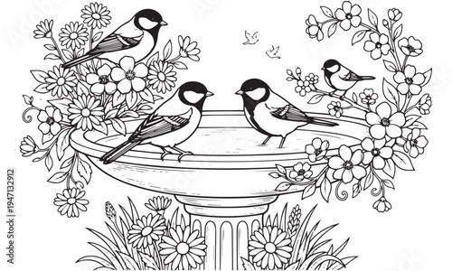 Принти на полотні Birds on Birdbath Surrounded by Spring Flowers Vector Illustration