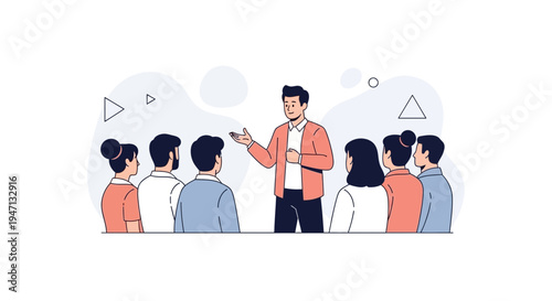 Man giving presentation to diverse audience in modern office meeting room.