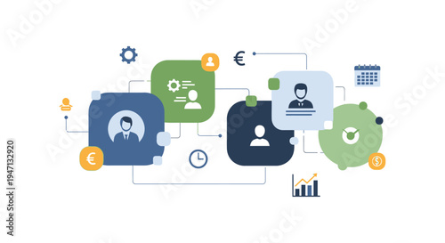 Business Process Management (BPM) Workflow Diagram. Organizational System Network connecting People, Finance, Time, and Growth Strategy.