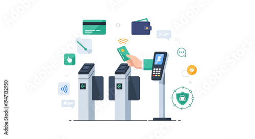 Automated Turnstile Access and Secure Contactless Payment Validation Flat Vector Illustration.